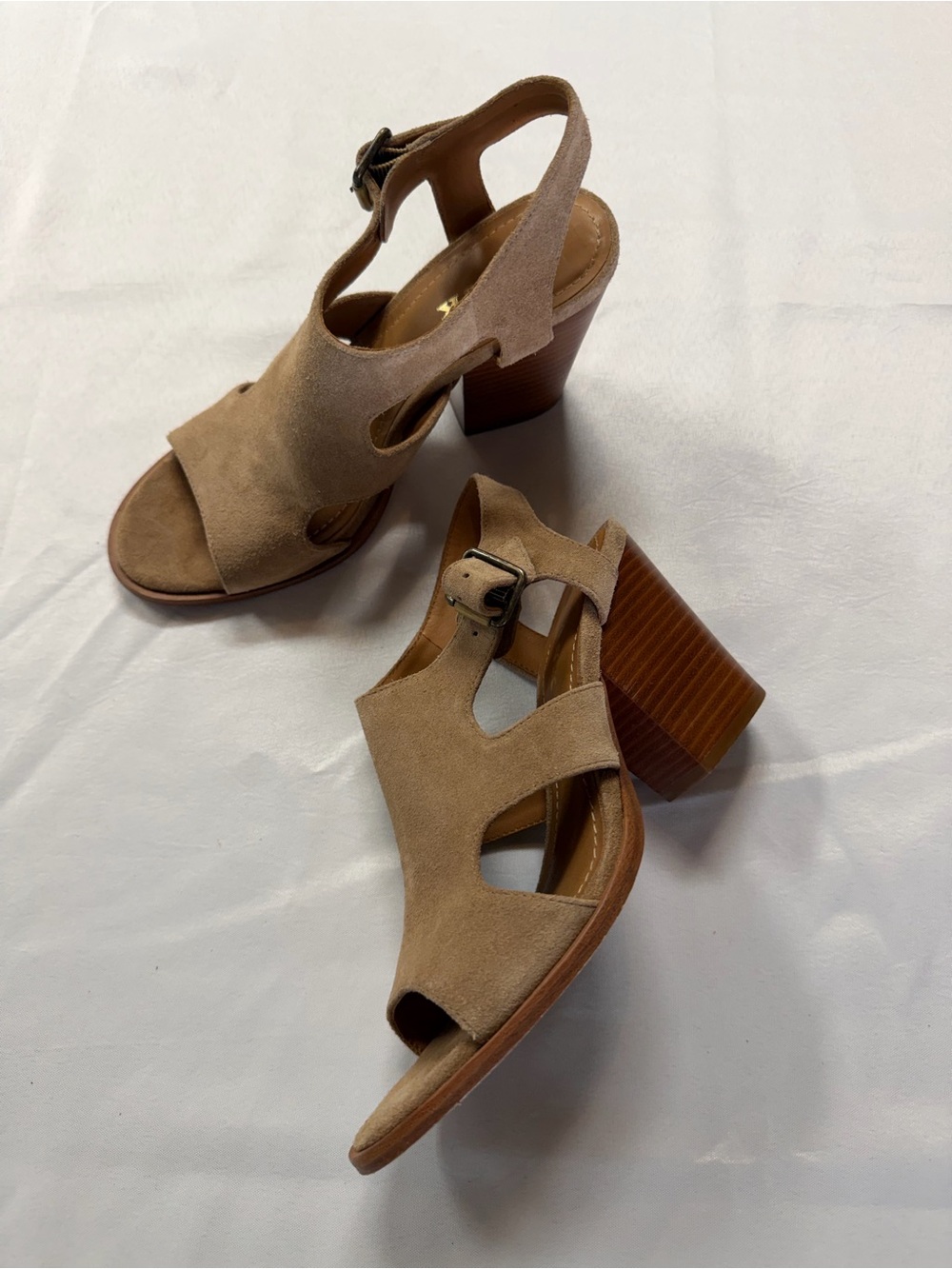 Johnston & Murphy Taupe Nubuck Cutout Block Heel Sandals